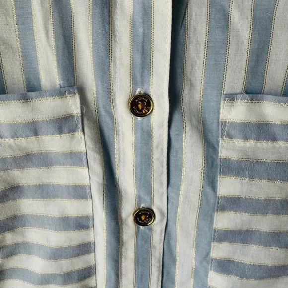 Michael Kors Button Front Collared Shirt Pale Chambray Stripes w/ GOLD METALLIC - Picture 4 of 6